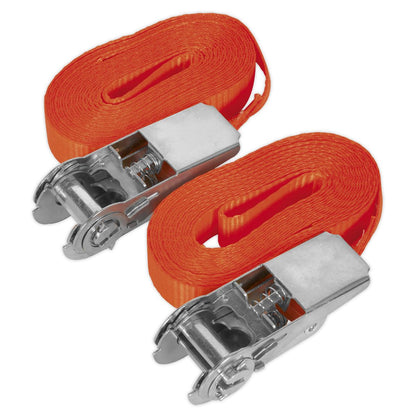 Sealey TD08045E Self-Securing Ratchet Straps 25mm x 4.5m 800kg Breaking Strength - Pair Sealey
