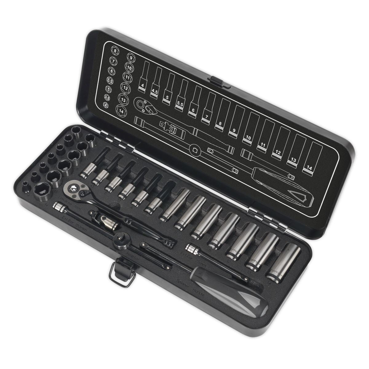 Sealey AK7970 Socket Set 32pc 1/4"Sq Drive 6pt WallDrive® Metric Premier Black Sealey