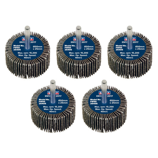 Sealey FW5025405 Abrasive Flap Wheel Ø50 x 25mm 40Grit Ø6mm Shaft - Pack of 5 Sealey