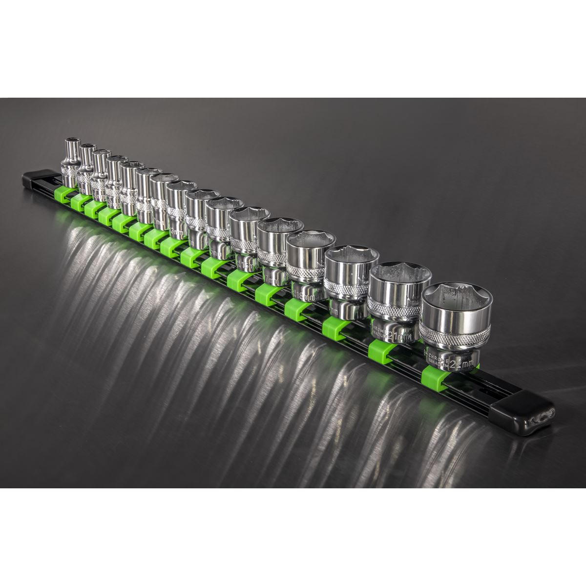 Sealey AK27053HV Socket Retaining Rail with 16 Clips 3/8"Sq Drive - Hi-Vis Green Sealey