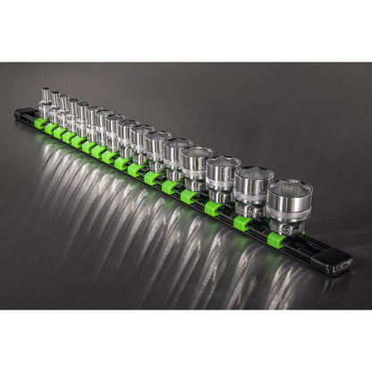Sealey AK27053HV Socket Retaining Rail with 16 Clips 3/8"Sq Drive - Hi-Vis Green Sealey