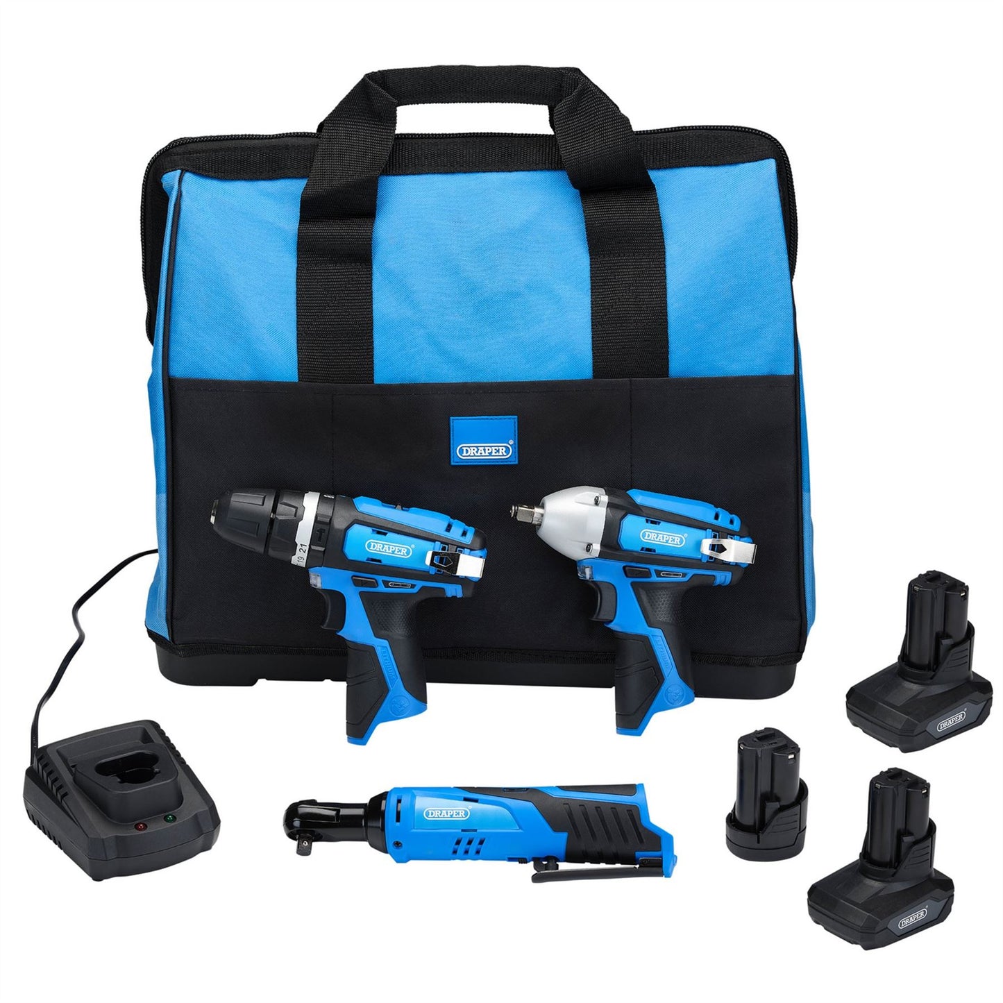 Draper 93521 12V Drill Drive and Ratchet Interchange Kit 2 x 4.0Ah Li-ion Battery 1 x 1.5Ah Li-ion Battery 1 x Fast Charger 1 x Tool Bag Draper