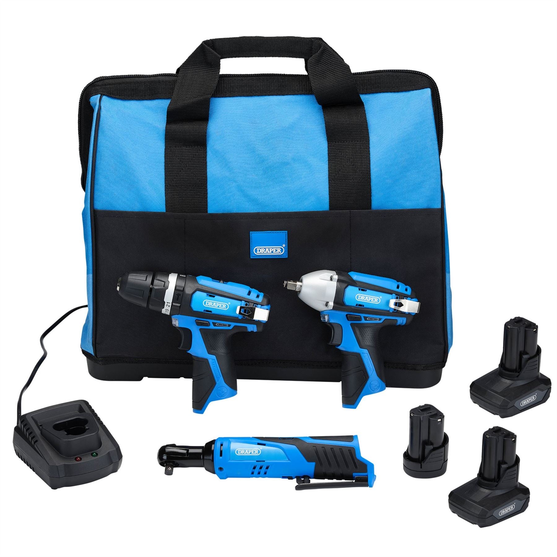 Draper 93521 12V Drill Drive and Ratchet Interchange Kit 2 x 4.0Ah Li-ion Battery 1 x 1.5Ah Li-ion Battery 1 x Fast Charger 1 x Tool Bag Draper
