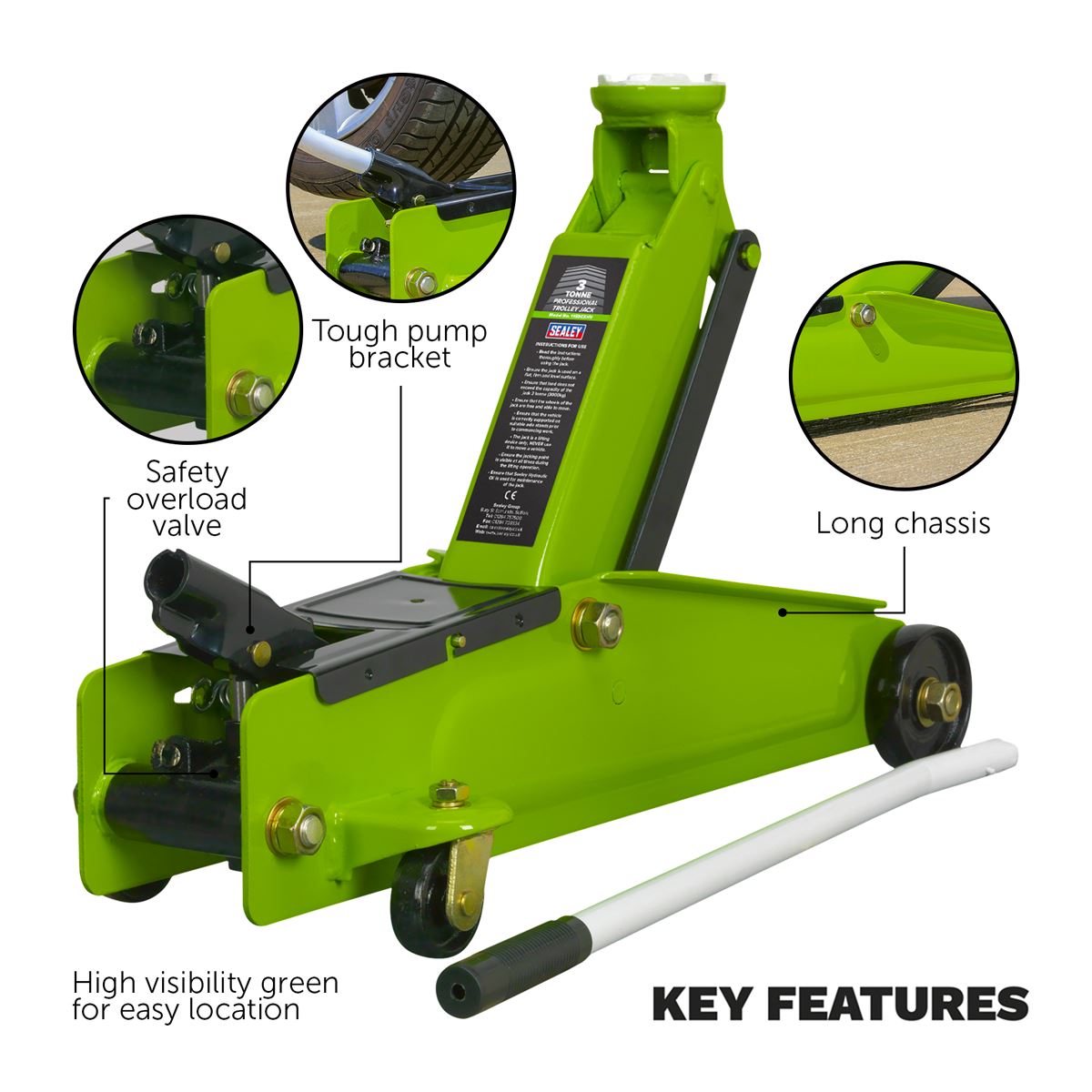Sealey 1153CXHV Long Reach Heavy-Duty Trolley Jack 3 Tonne - Green Sealey