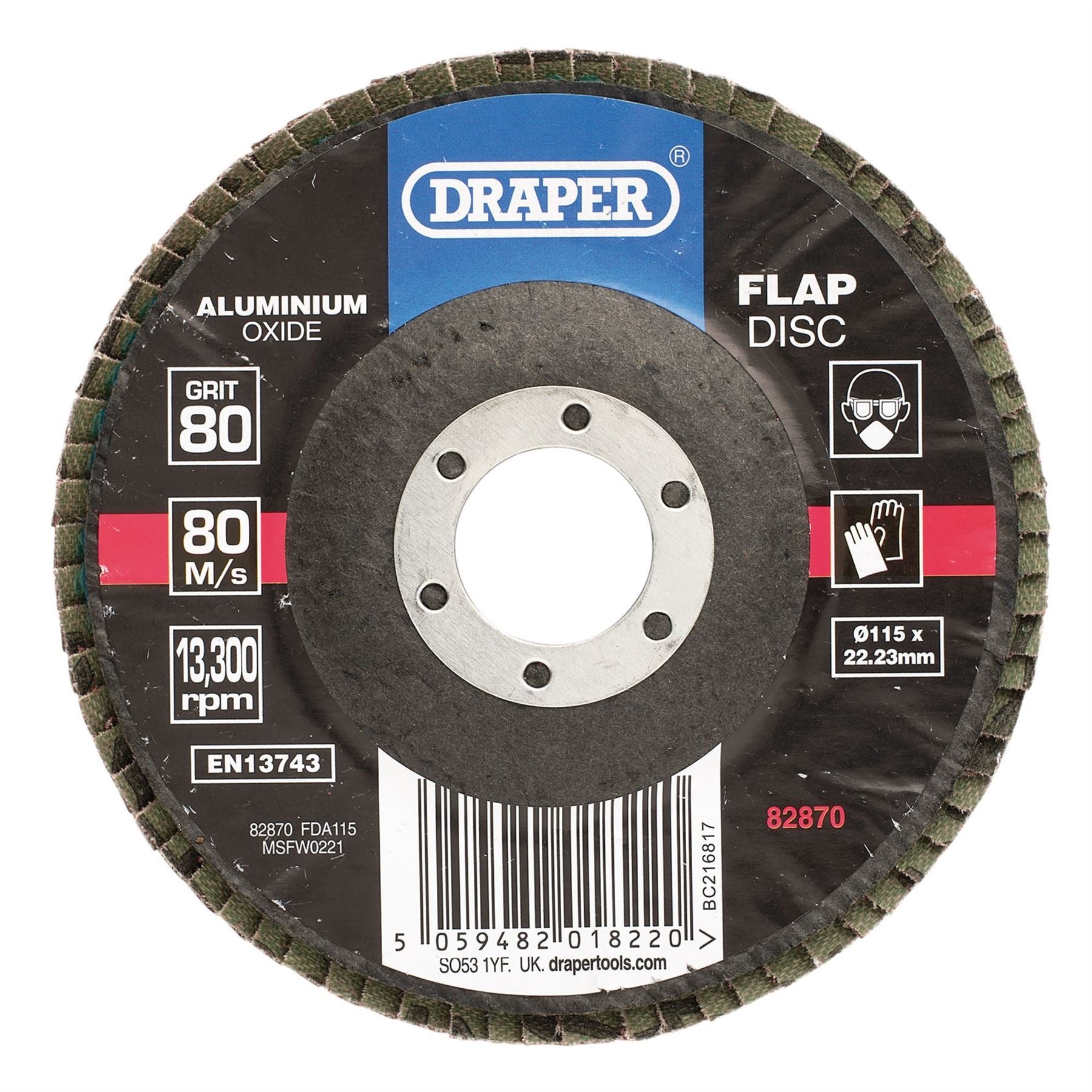 Draper 82870 Aluminium Oxide Flap Disc 115 x 22.23mm 80 Grit Draper