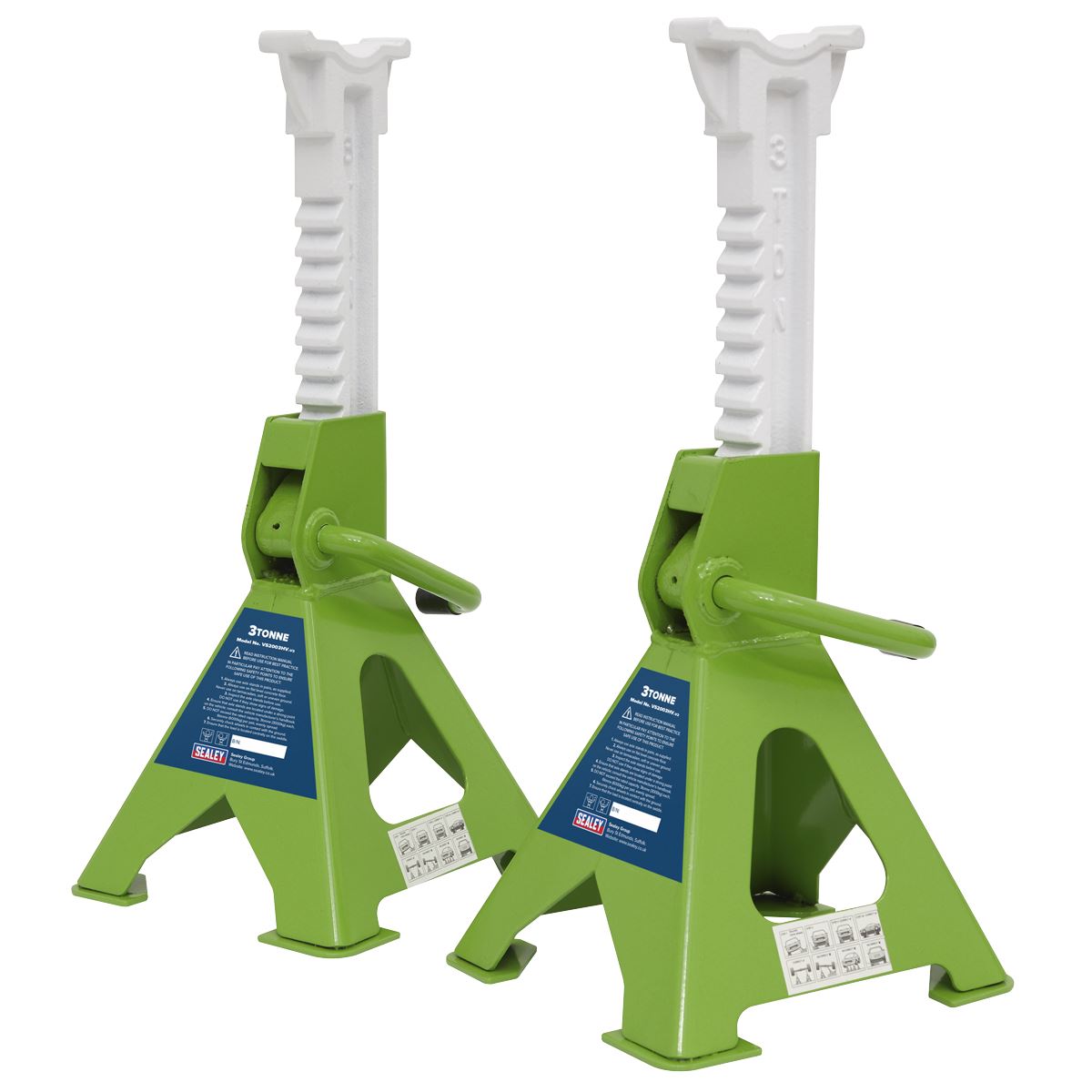 Sealey VS2003HV Ratchet Type Axle Stands (Pair) 3 Tonne Capacity per Stand - Hi-Vis Green Sealey
