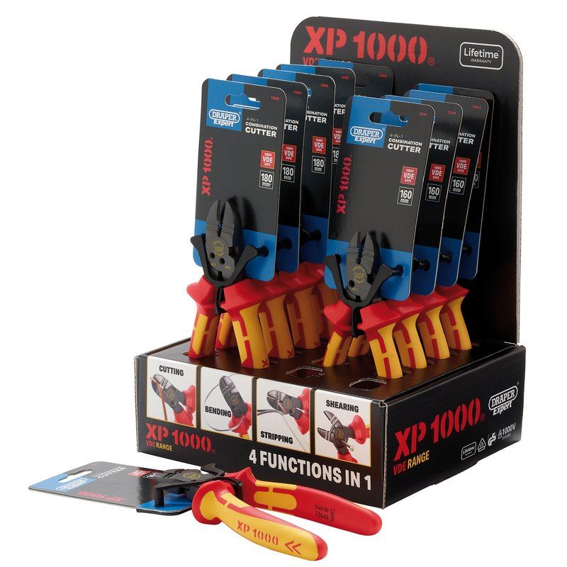 Draper 13610 XP1000® Counter Top Display of VDE 160mm 4-in-1 Combination Cutters & 180mm 4-in-1 Combination Cutters 10 Piece Draper