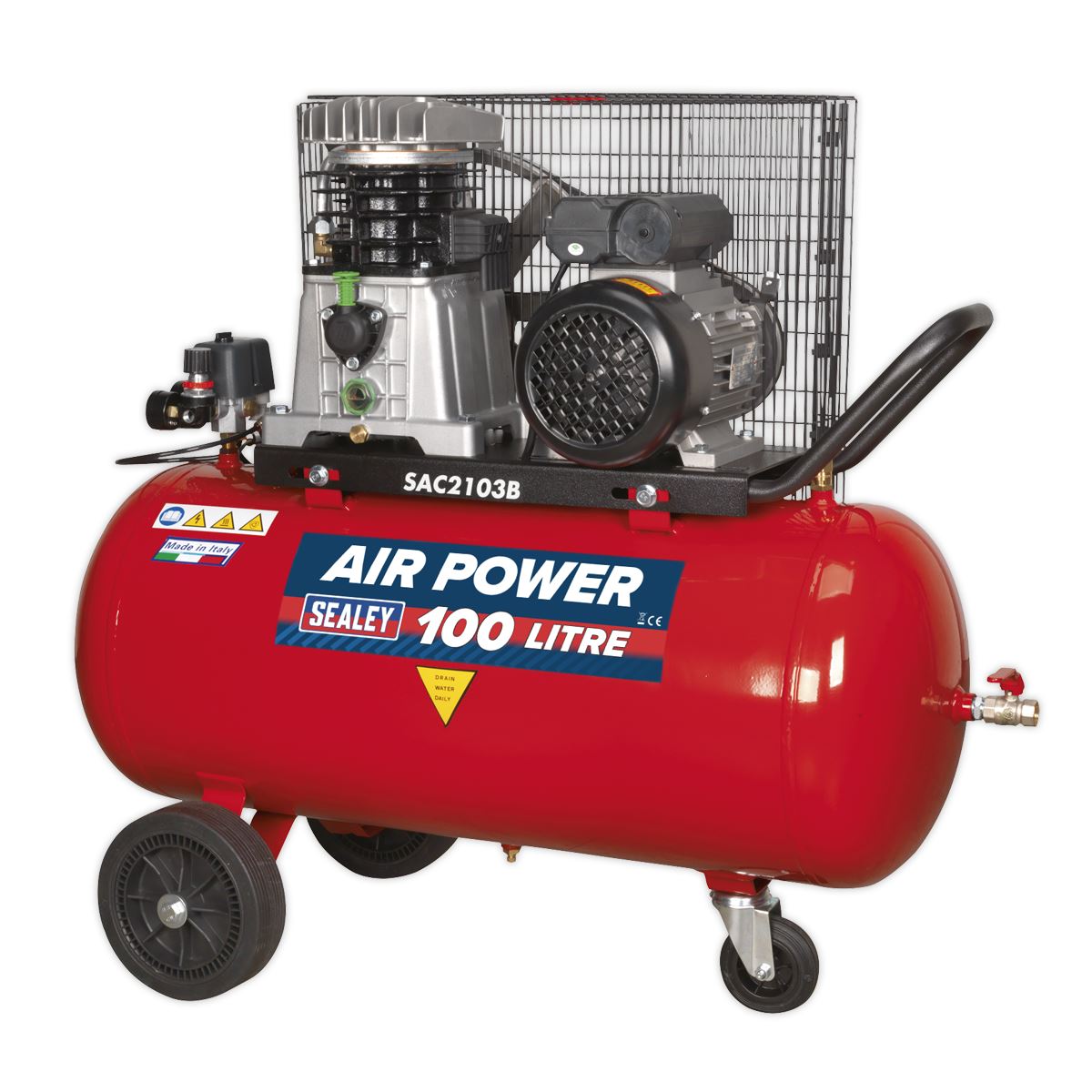 Sealey SAC2103B Air Compressor 100L Belt Drive 3hp with Cast Cylinders & Wheels Sealey