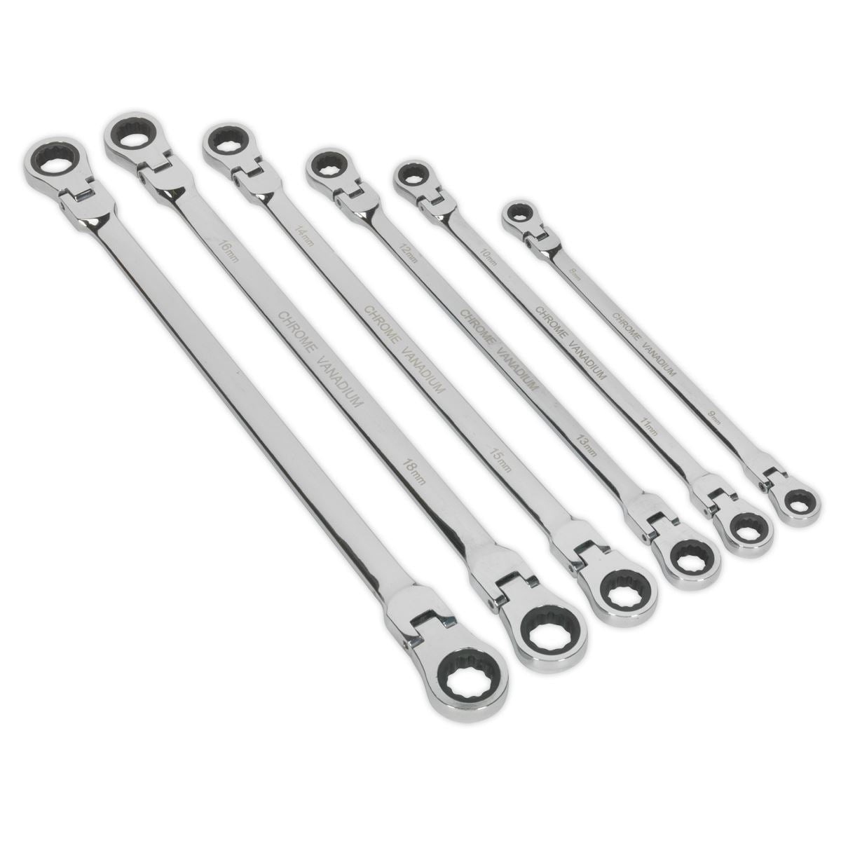 Sealey AK63832 Flexi-Head Double End Ratchet Ring Spanner Set 6pc Extra-Long Metric Sealey