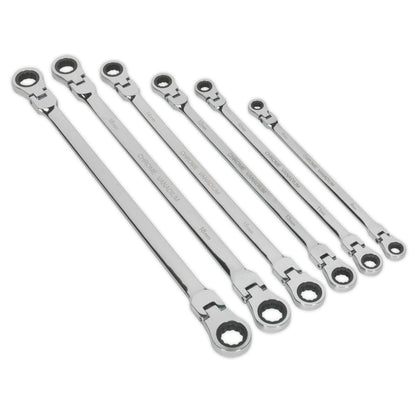 Sealey AK63832 Flexi-Head Double End Ratchet Ring Spanner Set 6pc Extra-Long Metric Sealey