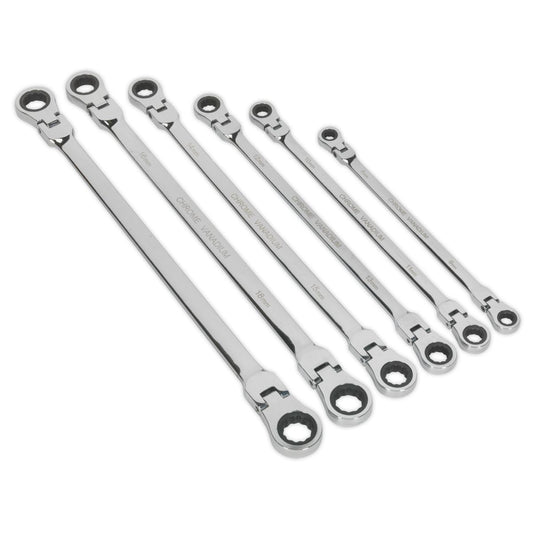 Sealey AK63832 Flexi-Head Double End Ratchet Ring Spanner Set 6pc Extra-Long Metric Sealey