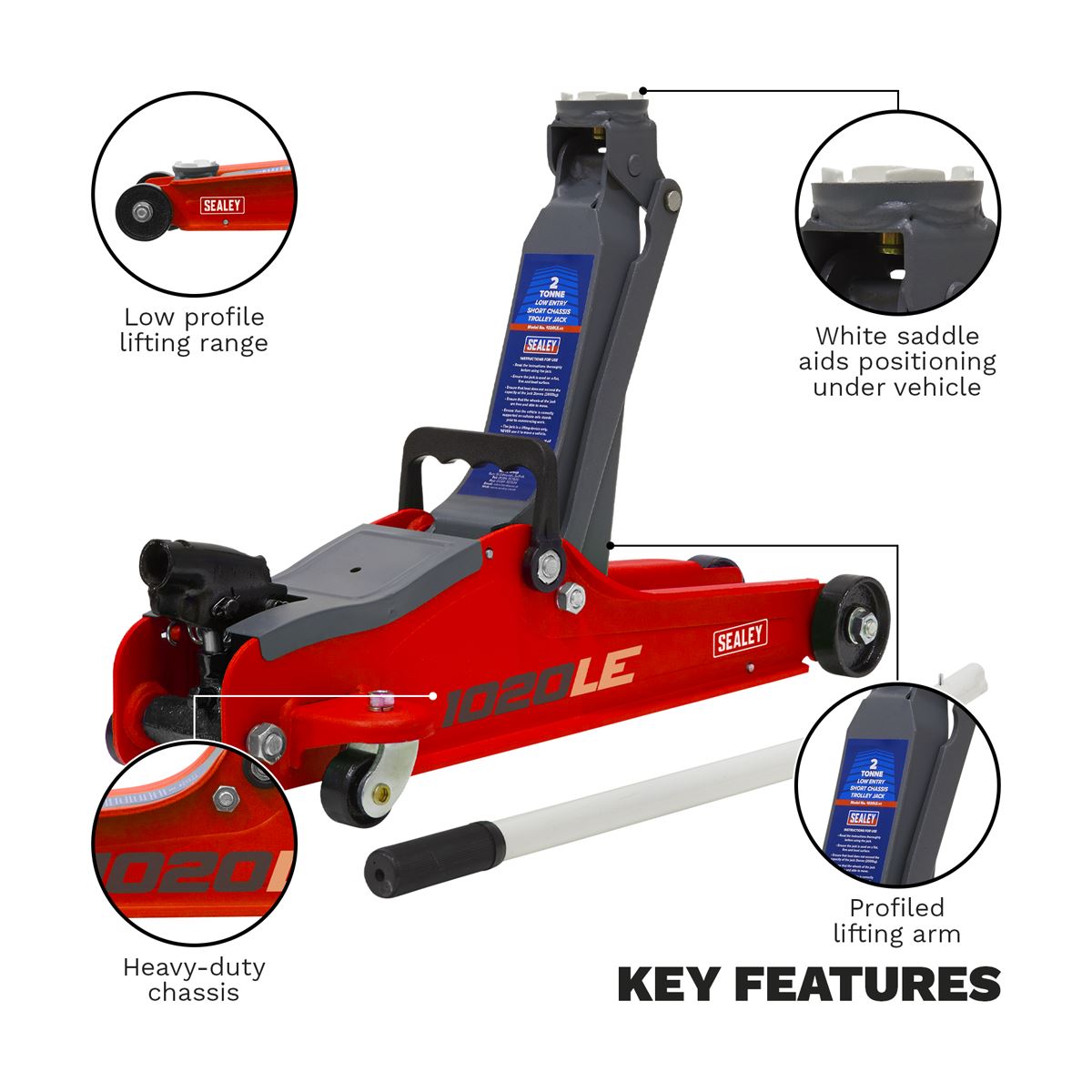 Sealey 1020LE Low Profile Short Chassis Trolley Jack 2 Tonne - Red Sealey