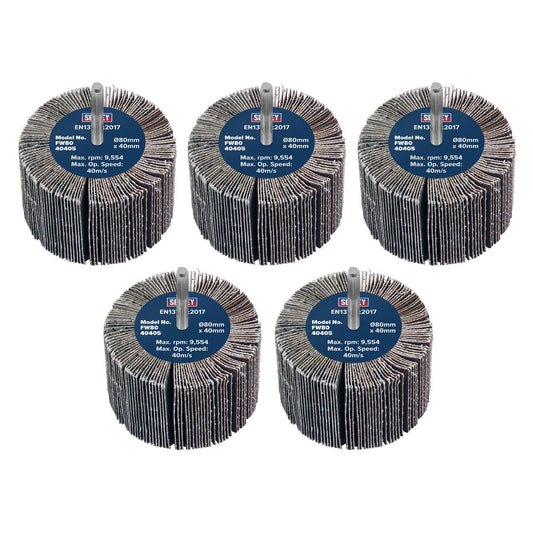 Sealey FW8040405 Abrasive Flap Wheel Ø80 x 40mm 40Grit Ø6mm Shaft - Pack of 5 Sealey