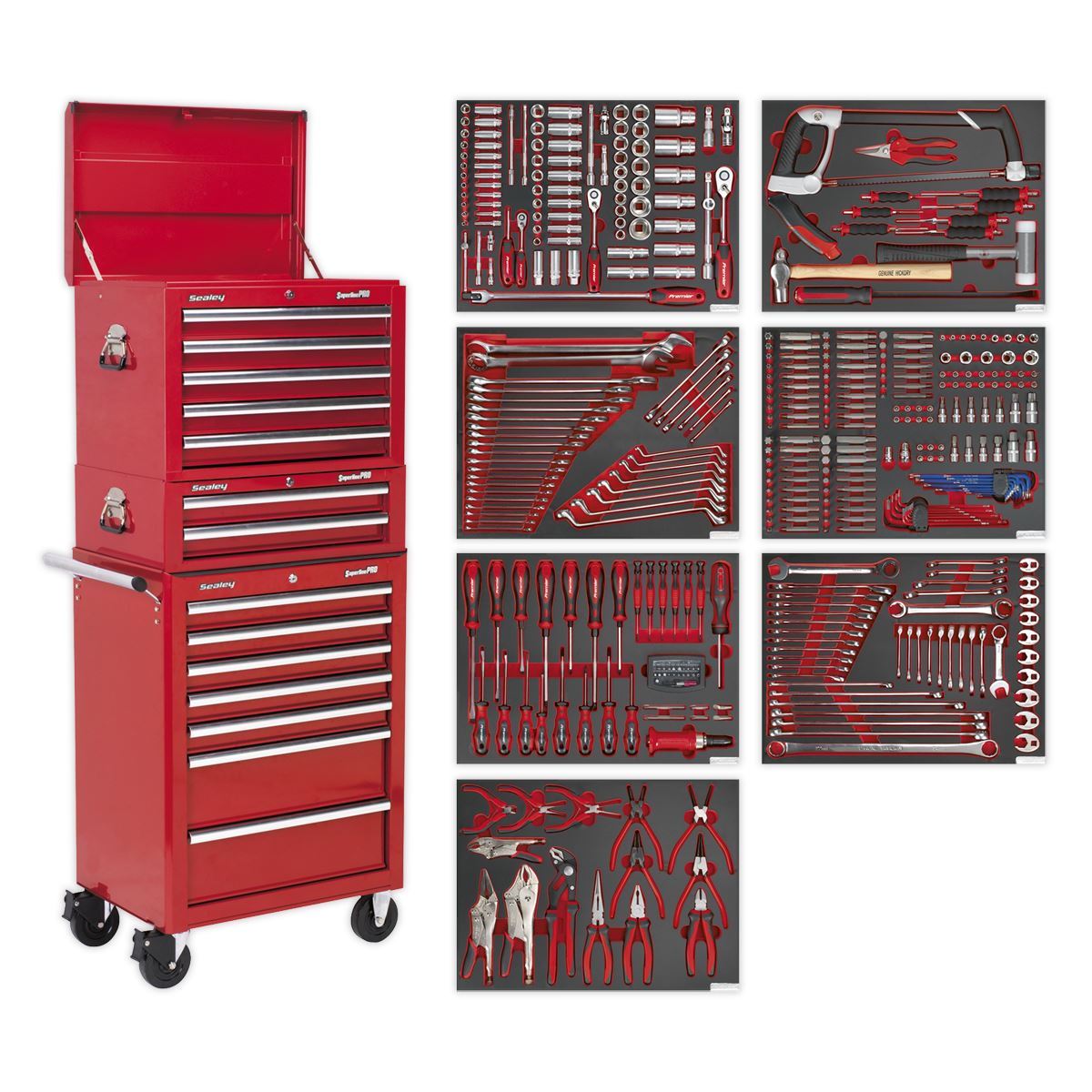 Sealey TBTPCOMBO1 Tool Chest Combination 14 Drawer with Ball-Bearing Slides - Red & 446pc Tool Kit Sealey