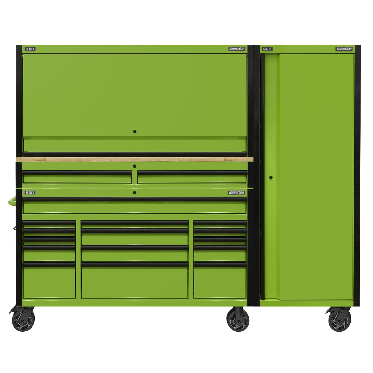 Sealey AP6115BECOMBO2 15 Drawer 1549mm Mobile Trolley with Wooden Worktop Hutch 2 Drawer Riser & Side Locker Sealey