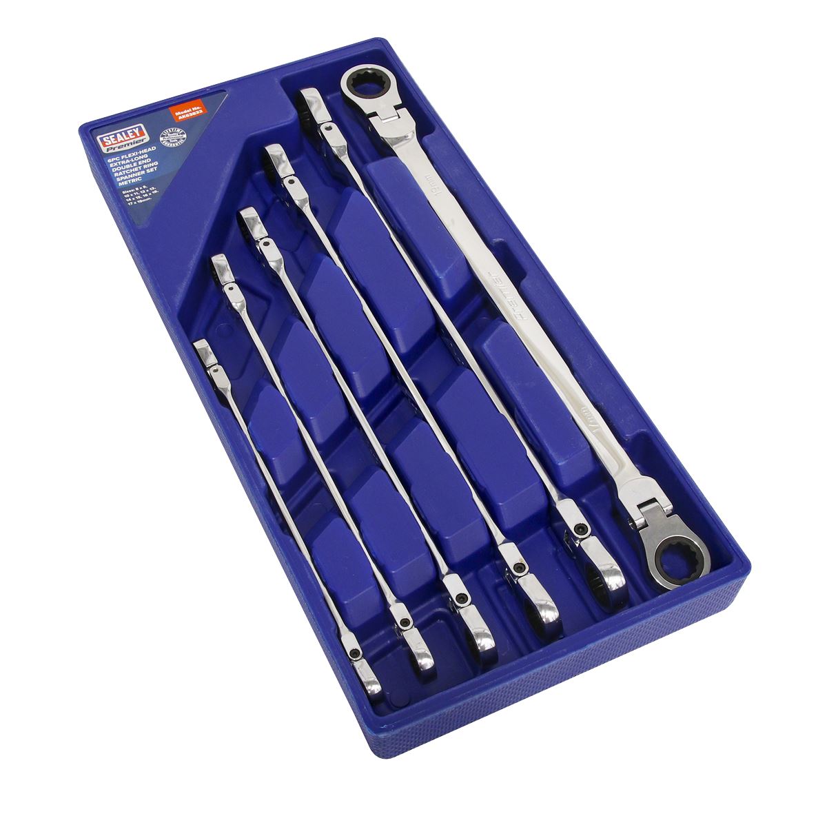 Sealey AK63832 Flexi-Head Double End Ratchet Ring Spanner Set 6pc Extra-Long Metric Sealey