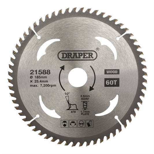 Draper 21588 TCT Circular Saw Blade for Wood 185 x 25.4mm 60T Draper