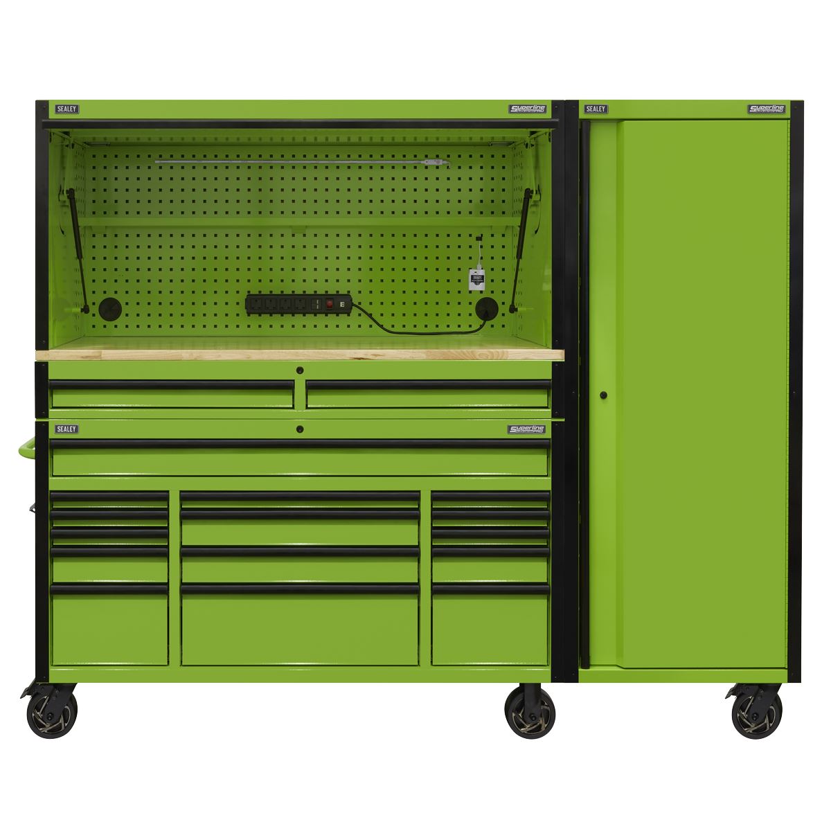 Sealey AP6115BECOMBO2 15 Drawer 1549mm Mobile Trolley with Wooden Worktop Hutch 2 Drawer Riser & Side Locker Sealey