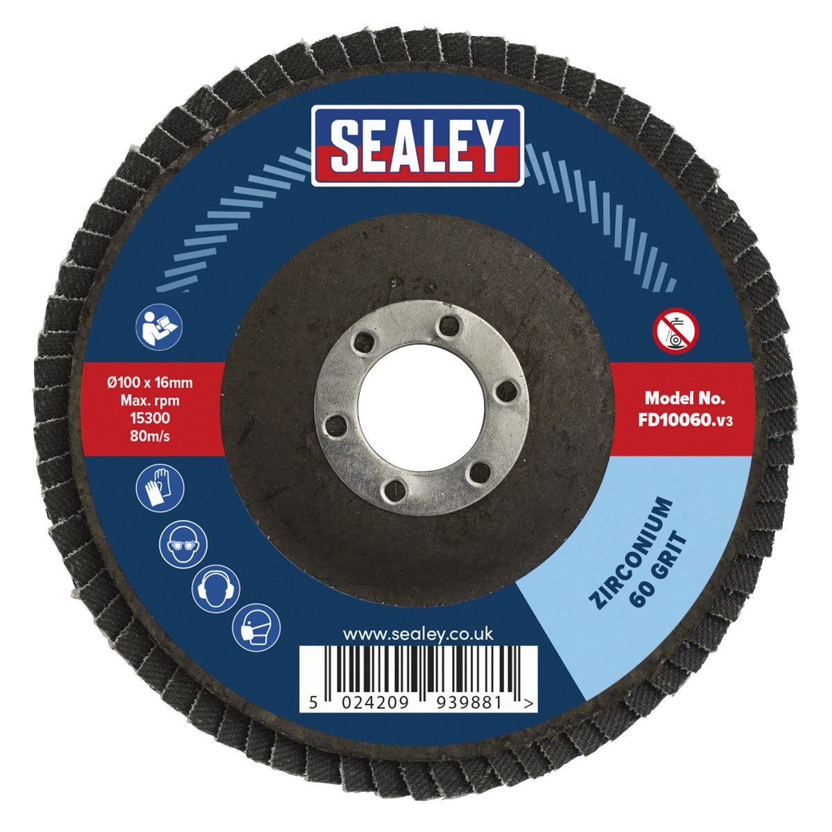 Sealey FD10060 Flap Disc Zirconium Ø100mm Ø16mm Bore 60Grit Sealey