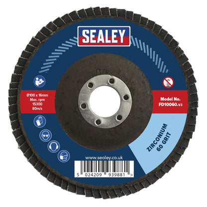 Sealey FD10060 Flap Disc Zirconium Ø100mm Ø16mm Bore 60Grit Sealey