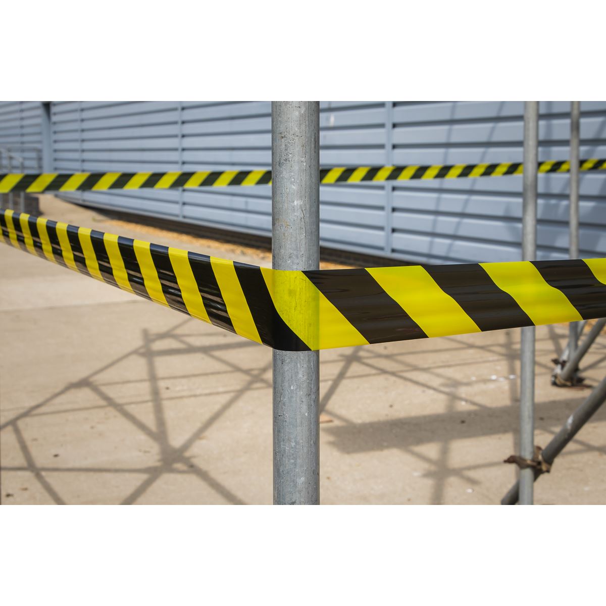 Sealey BTBY Hazard Warning Barrier Tape 80mm x 100m Black/Yellow Non-Adhesive Sealey