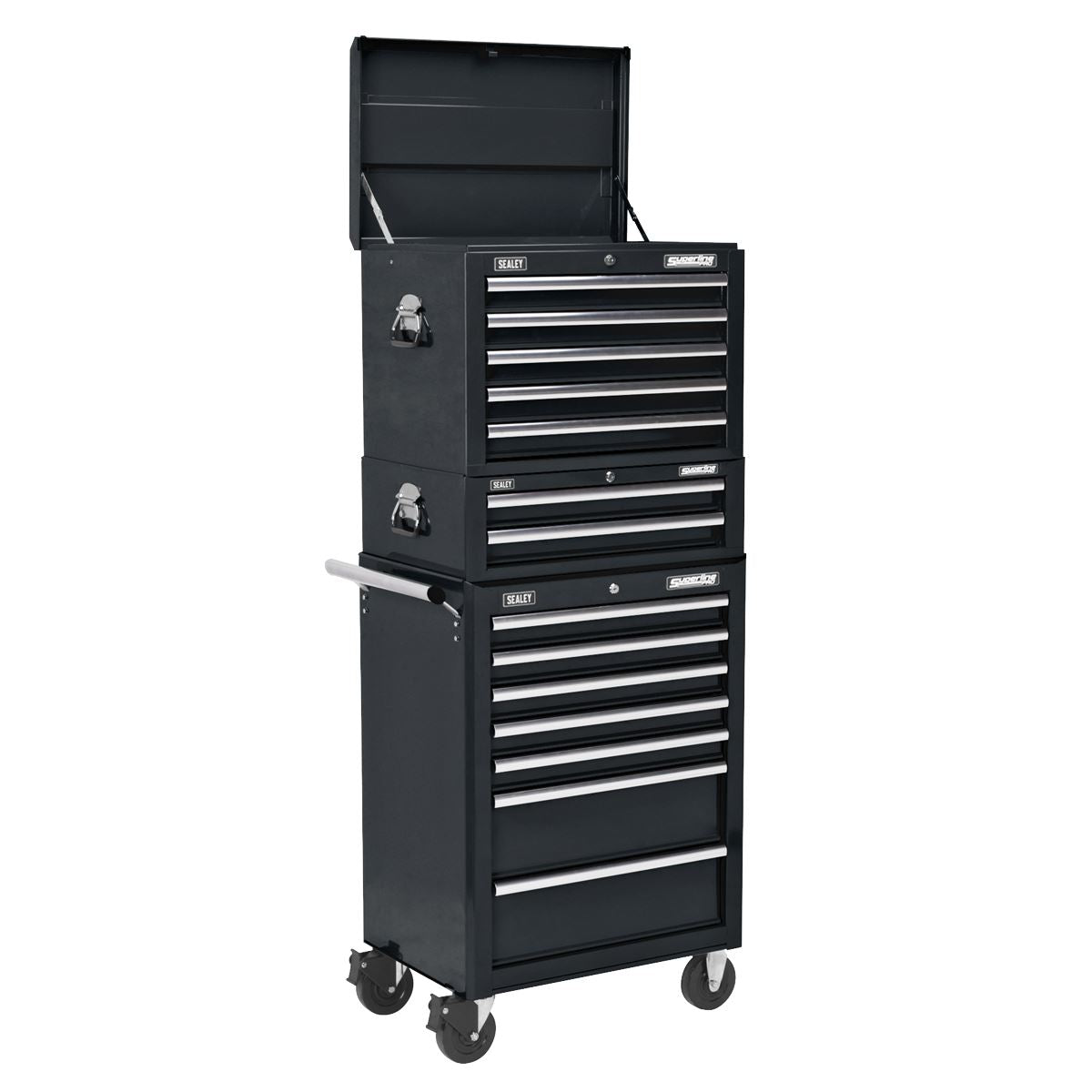 Sealey APSTACKTB Topchest Mid-Box Tool Chest & Rollcab Combination 14 Drawer with Ball-Bearing Slides - Black Sealey