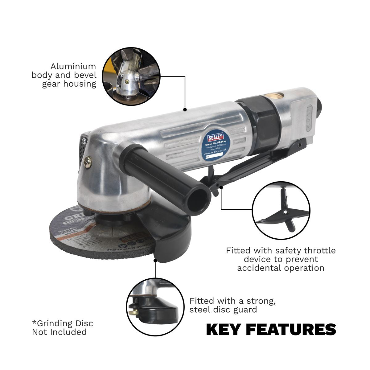 Sealey SA44 Air Angle Grinder Ø100mm Heavy-Duty Sealey