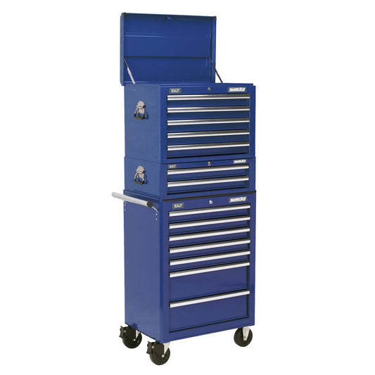Sealey APSTACKTC Topchest Mid-Box Tool Chest & Rollcab Combination 14 Drawer with Ball-Bearing Slides - Blue Sealey
