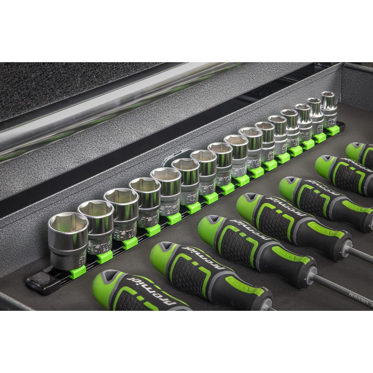 Sealey AK27054HV Socket Retaining Rail with 16 Clips 1/2"Sq Drive - Hi-Vis Green Sealey