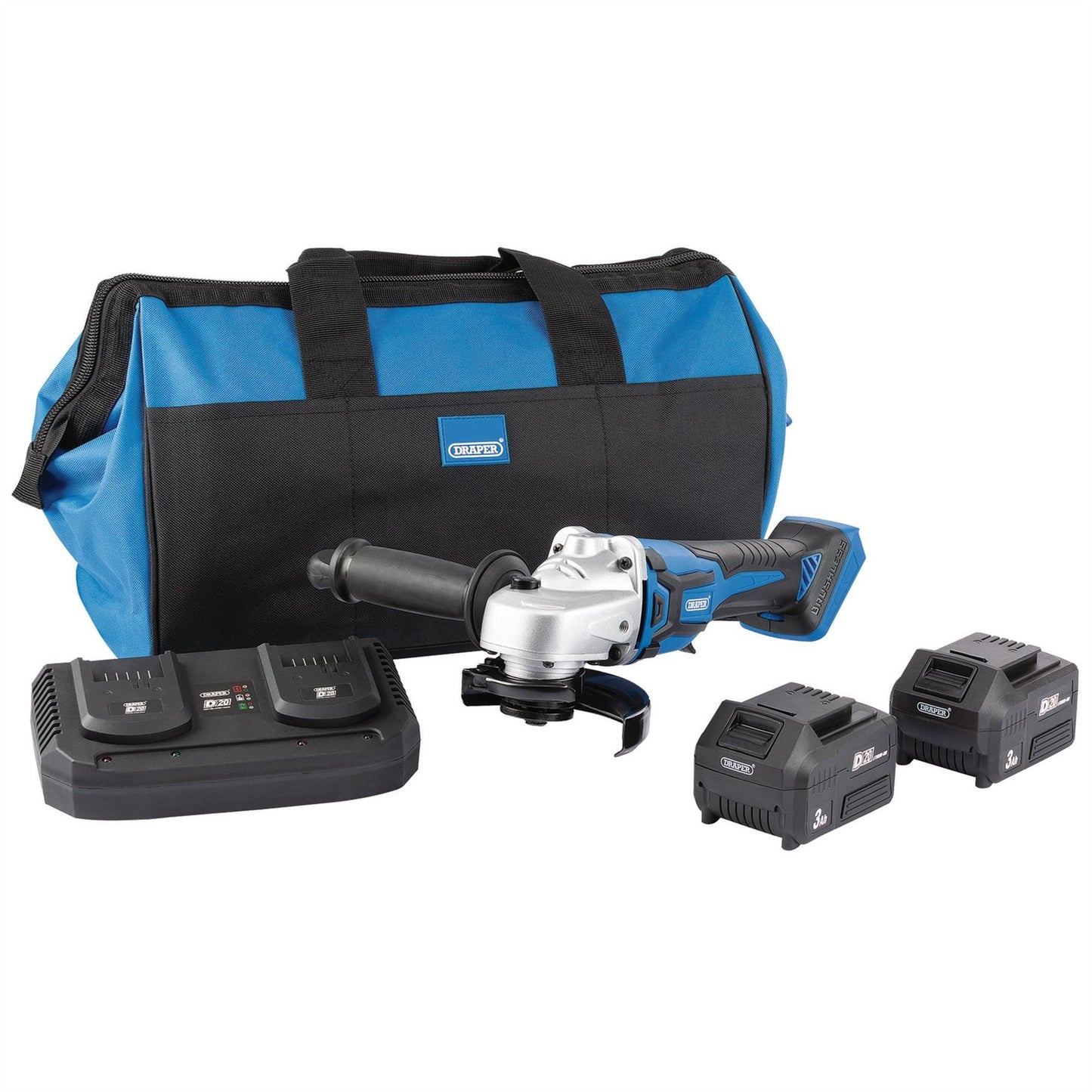 Draper 99734 D20 20V Brushless Grinder 115mm 2 x 3.0Ah Batteries 1 x Twin Charger 1 x Bag Draper