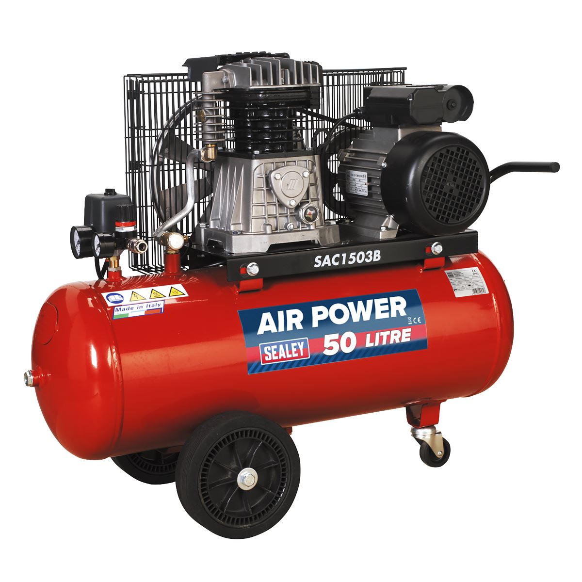 Sealey SAC1503B Air Compressor 50L Belt Drive 3hp with Cast Cylinders & Wheels Sealey
