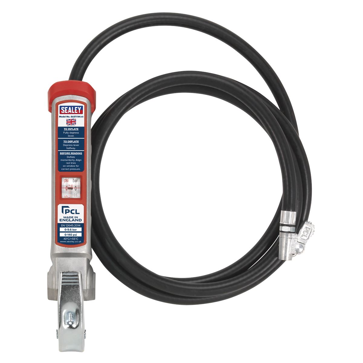 Sealey SA37/94 Professional Tyre Inflator with 2.5m Hose & Clip-On Connector Sealey