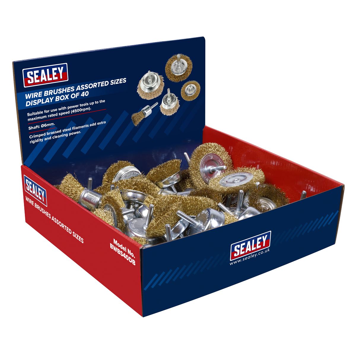 Sealey BWBS40DB Crimped Wire Brushes - Assorted Sizes - Display Box of 40 Sealey