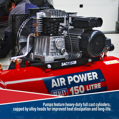 Sealey SAC1153B Air Compressor 150L Belt Drive 3hp with Cast Cylinders Sealey