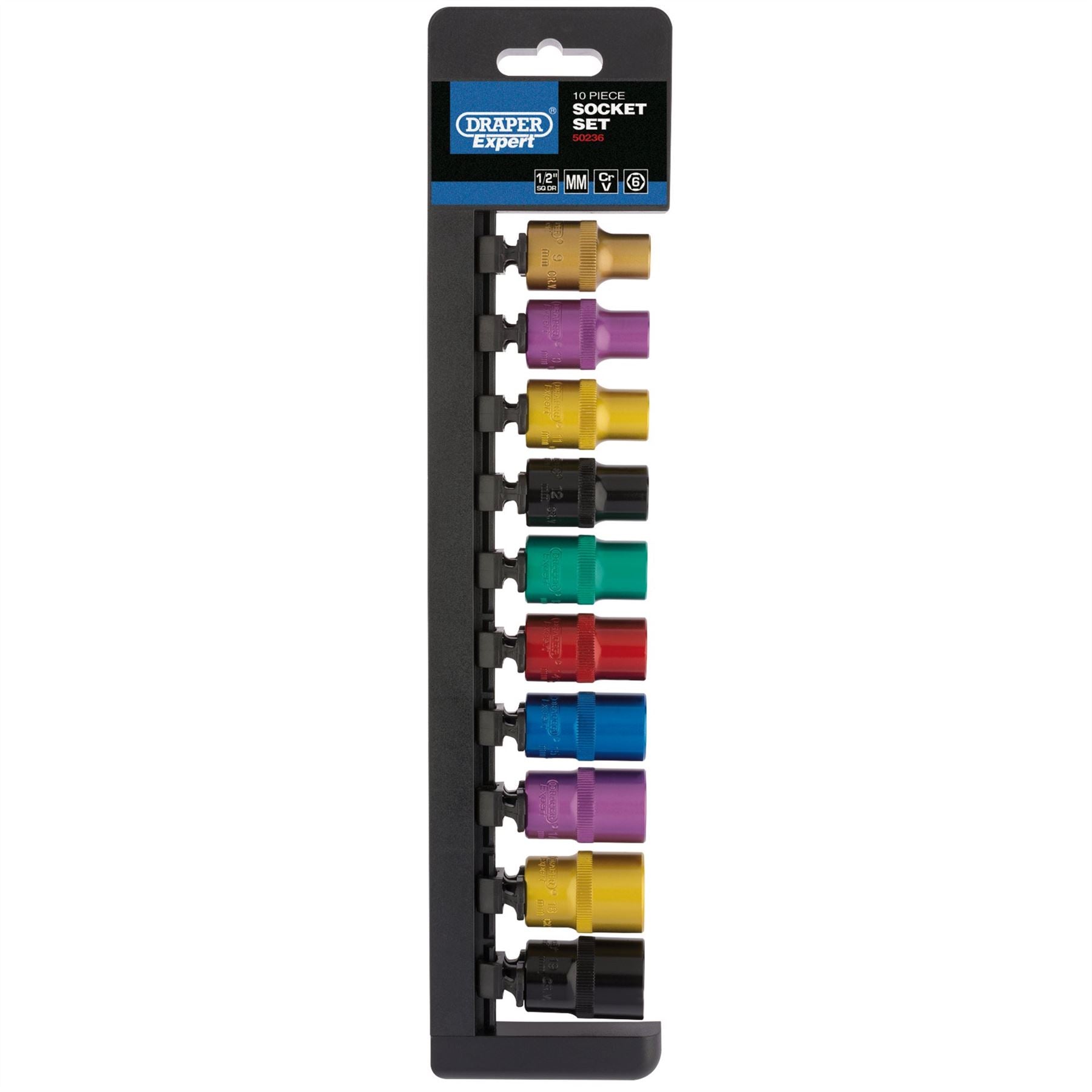 Draper 50493 Expert Metric Coloured Socket Set 1/2" Sq. Dr. 10 Piece Draper