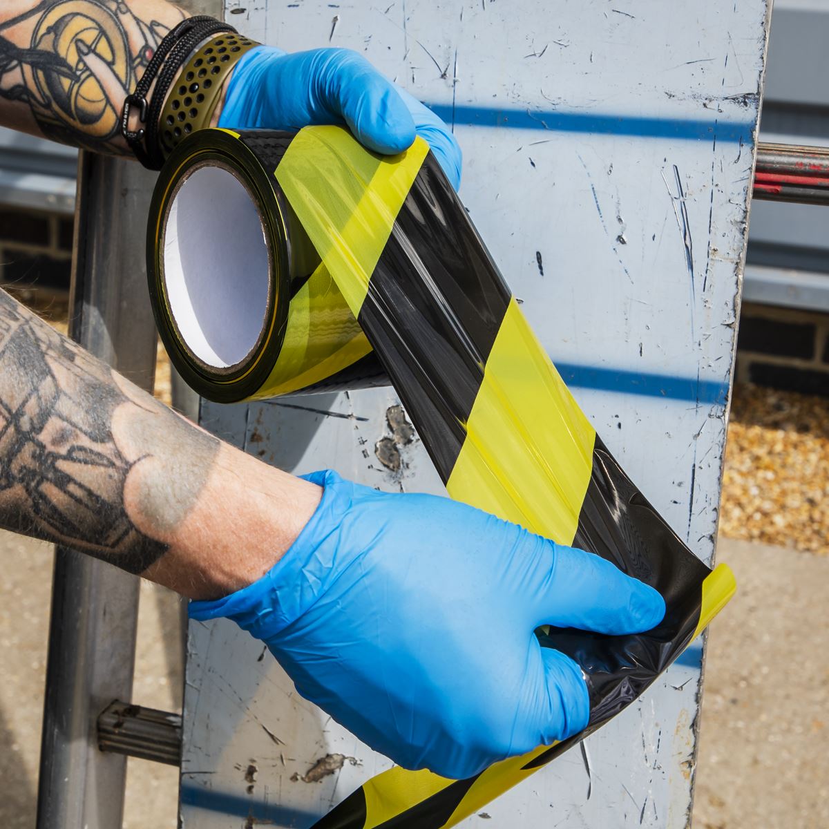 Sealey BTBY Hazard Warning Barrier Tape 80mm x 100m Black/Yellow Non-Adhesive Sealey