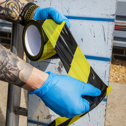 Sealey BTBY Hazard Warning Barrier Tape 80mm x 100m Black/Yellow Non-Adhesive Sealey
