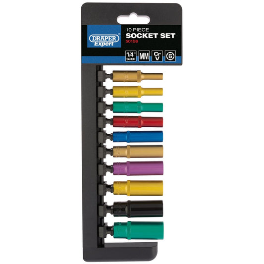 Draper 50158 Expert Metric Coloured Deep Socket Set 1/4" Sq. Dr. 10 Piece Draper