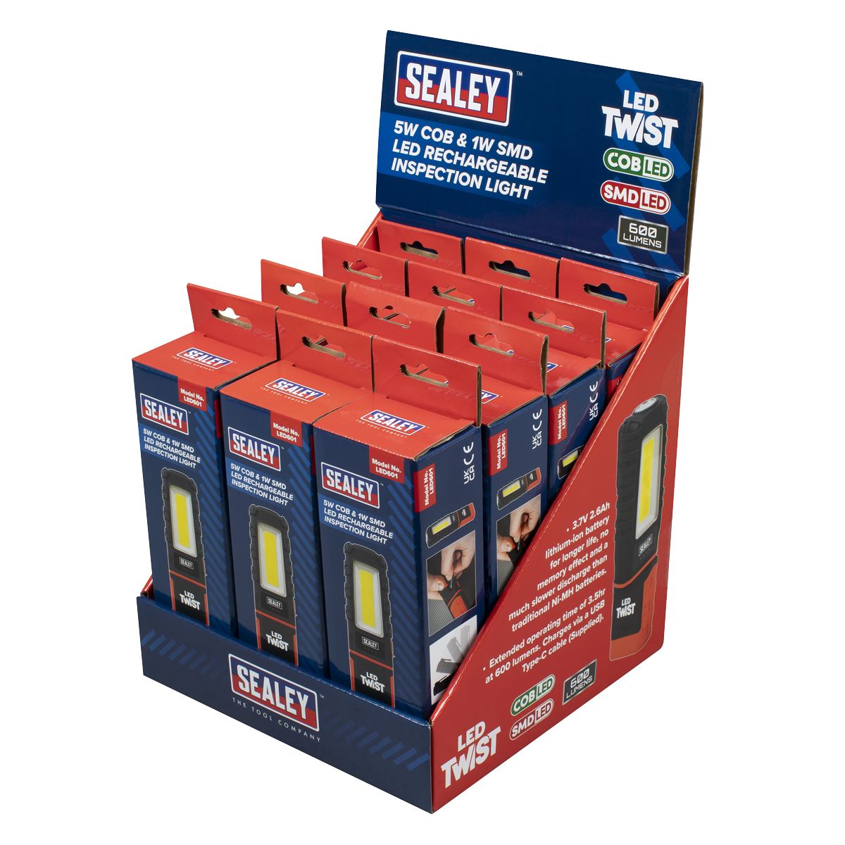 Sealey LED601DB LED Twist Rechargeable Inspection Light 5W COB & 1W SMD - Display Box of 12 Sealey