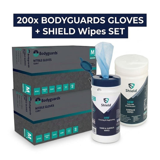 Workshop Clean Kit: 200x GL897 Black Nitrile Gloves + Shield SSW Surface & IHW Hand Wipes Bodyguards / Shield