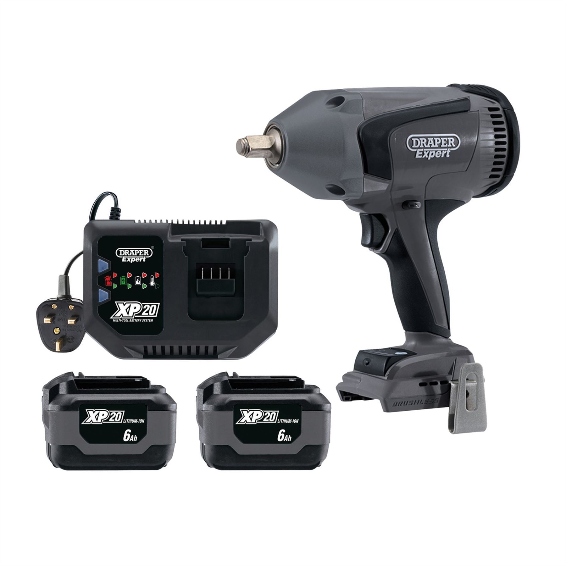 Draper 94080 XP20 20V Brushless Impact Wrench Kit 1/2" Sq. Dr. 1000Nm 2 x 6.0Ah Batteries 1 x Fast Battery Charger Draper
