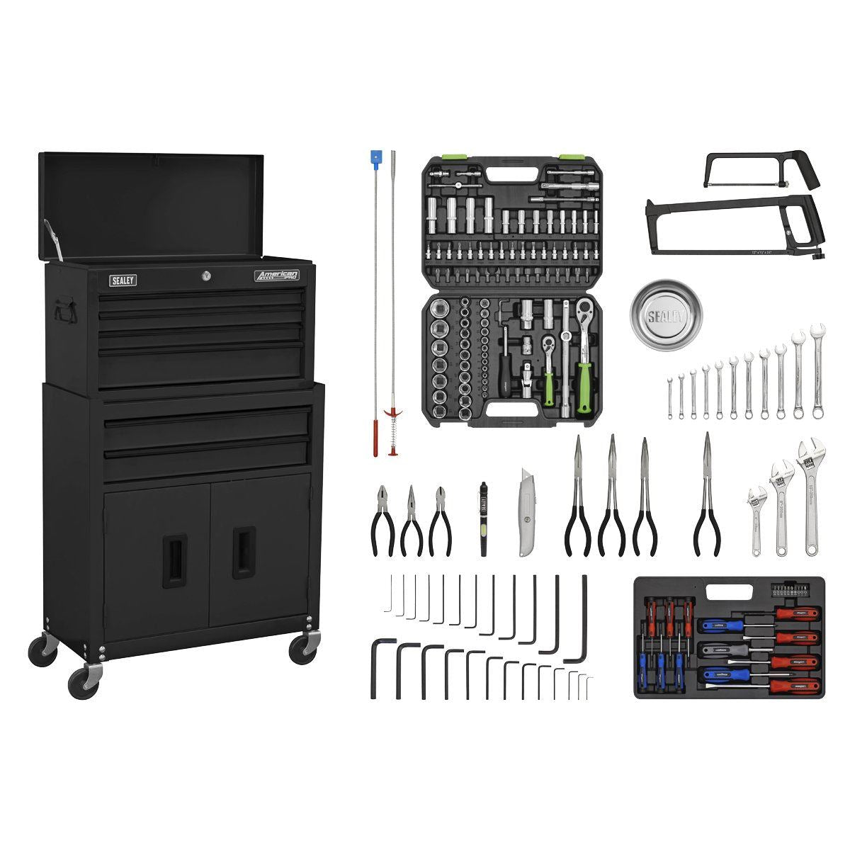 Sealey AP22BKCOMBO Topchest & Rollcab Combination 6 Drawer with Ball-Bearing Slides - Black & 170pc Tool Kit Sealey