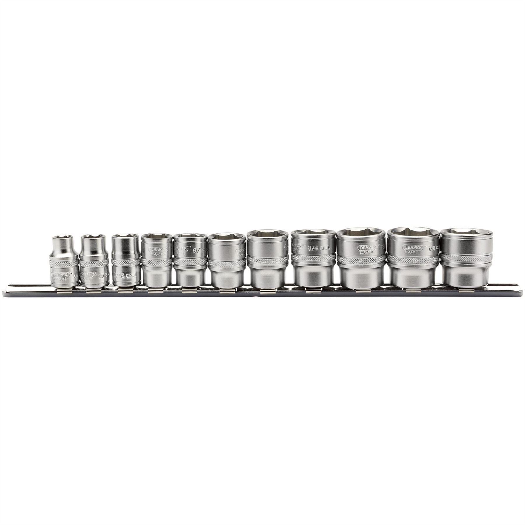 Draper 16493 Imperial Socket Set on a Metal Rail 3/8" Sq. Dr. 11 Piece Draper