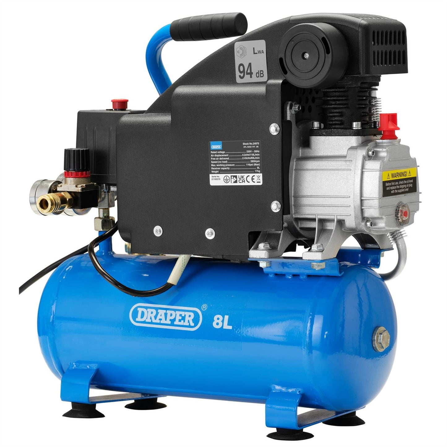 Draper 24975 8L Direct Drive Air Compressor 0.75kW/1.1hp Draper