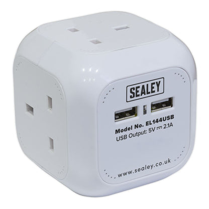 Sealey EL144USB Extension Cable Cube 1.4m 4 x 230V & 2 x USB Sockets - White Sealey
