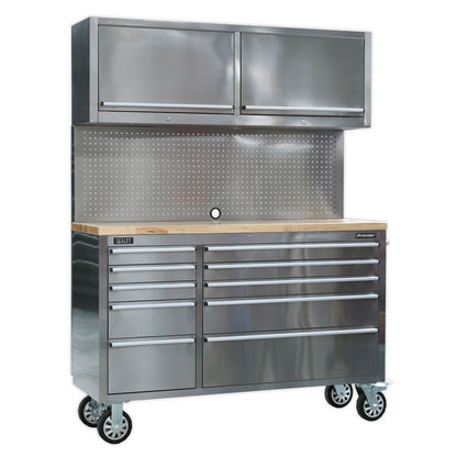 Sealey AP5520SS Mobile Stainless Steel Tool Cabinet 10 Drawer with Backboard & 2 Wall Cupboards Sealey