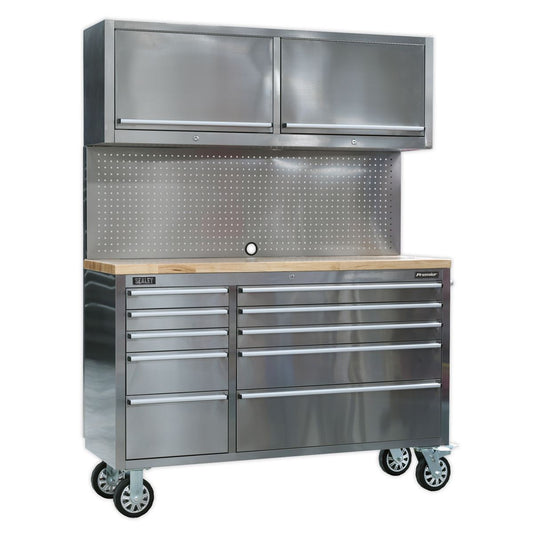 Sealey AP5520SS Mobile Stainless Steel Tool Cabinet 10 Drawer with Backboard & 2 Wall Cupboards Sealey