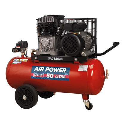 Sealey SAC1503B Air Compressor 50L Belt Drive 3hp with Cast Cylinders & Wheels Sealey