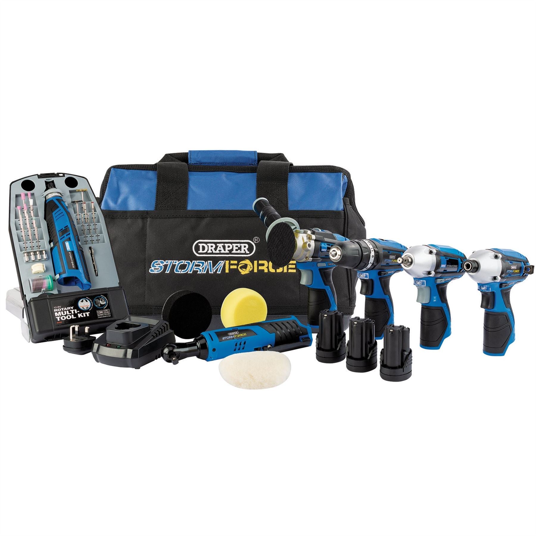 Draper 93445 Storm Force® 12V Multi-Power Interchange Kit 3 x 1.5Ah Li-ion Batteries 2 x Fast Chargers and 1 x Tool Bag Draper
