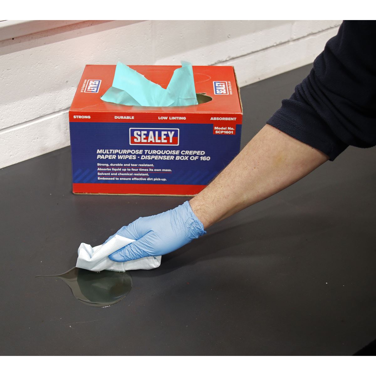 Sealey SCP1601 Multipurpose Paper Wipes in Dispenser Box - Creped Turquoise 69gsm 160 Sheets Sealey